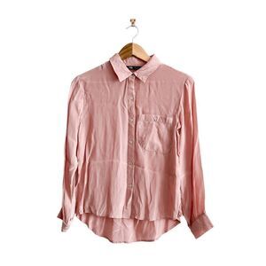 Zara Womens Viscose Long Sleeve High Low Pocket Button Up Shirt Pink Small
